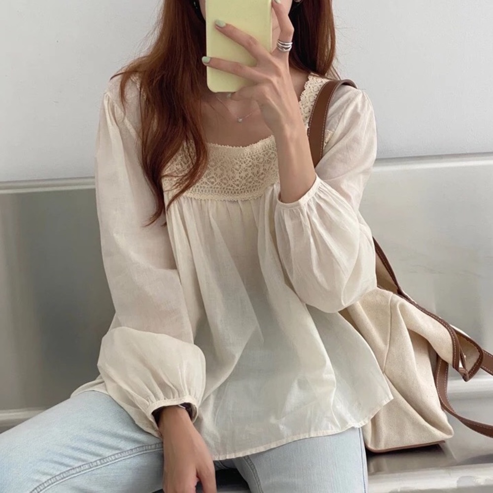 Babydoll boho blouse lace trim cream square neck long sleeve